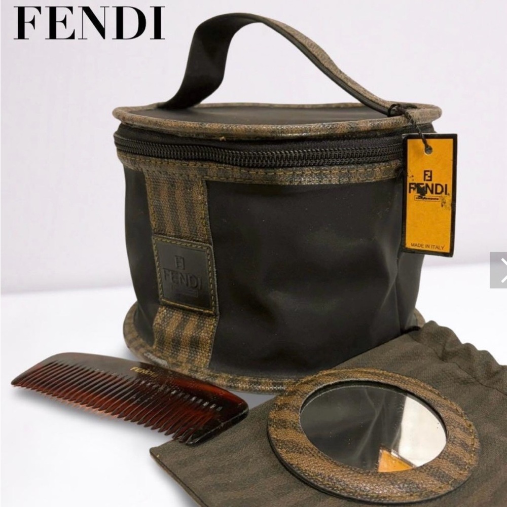 Fendi Black and Brown Round Cosmetic Bag